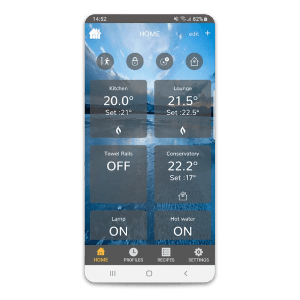 Air To Water Heat Pump App image of the Heatmiser neoApp homescreen, which shows various temperatures for various zones.
