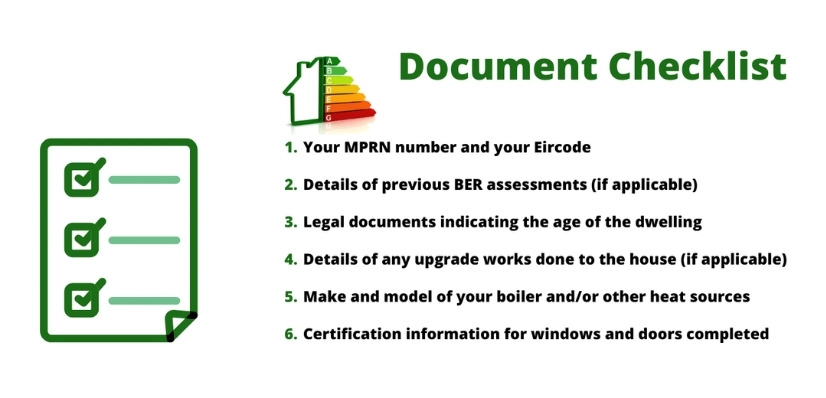 Image containing a BER Assessment preparation checklist. This includes noting your MPRN, age of dwelling, works completed, make & model of boiler, certification info for windows & doors, and getting previous BER Assessments.