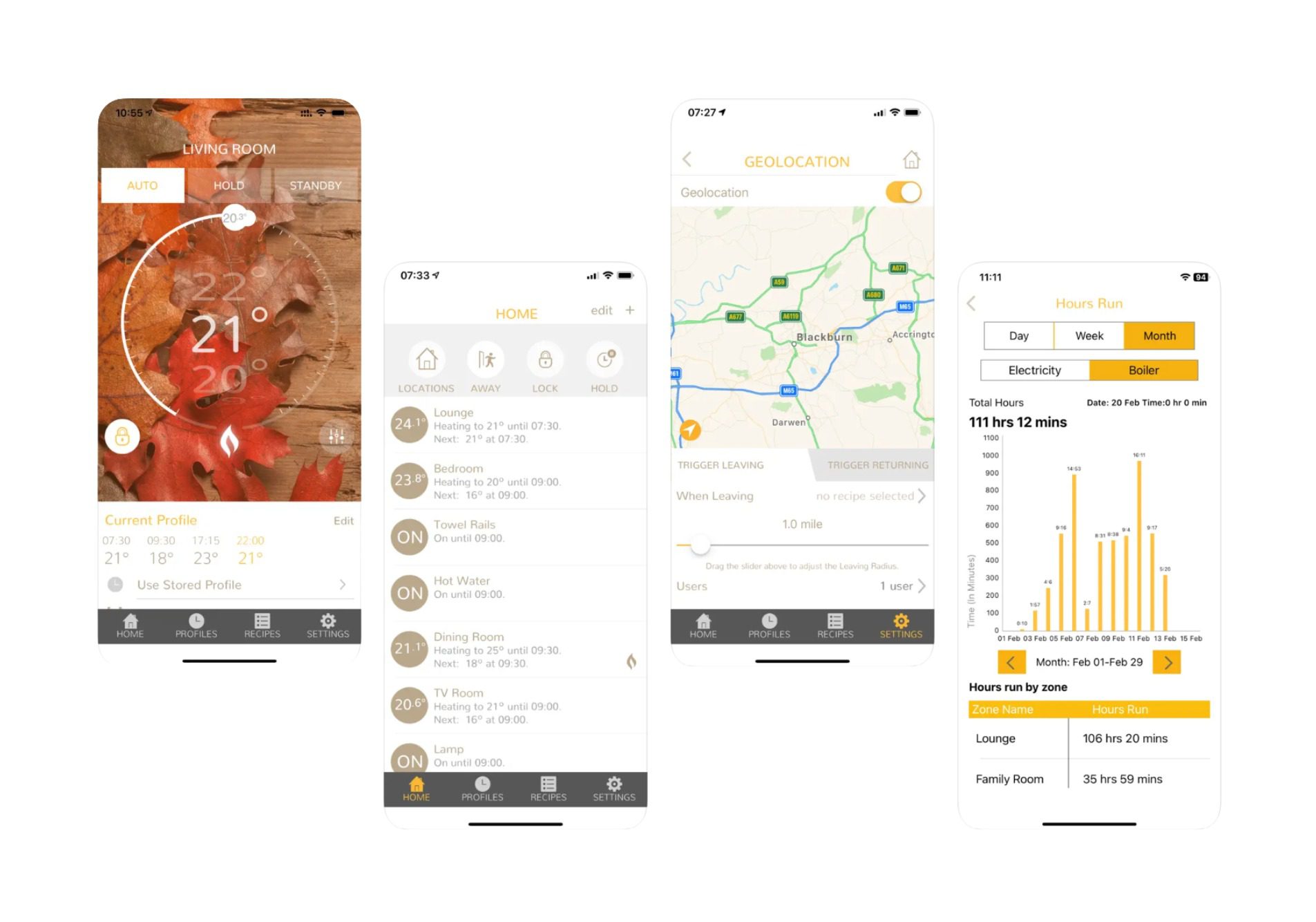 Air To Water Heat Pump App Screens Image showing 4 smartphones with different heat pump control screens.