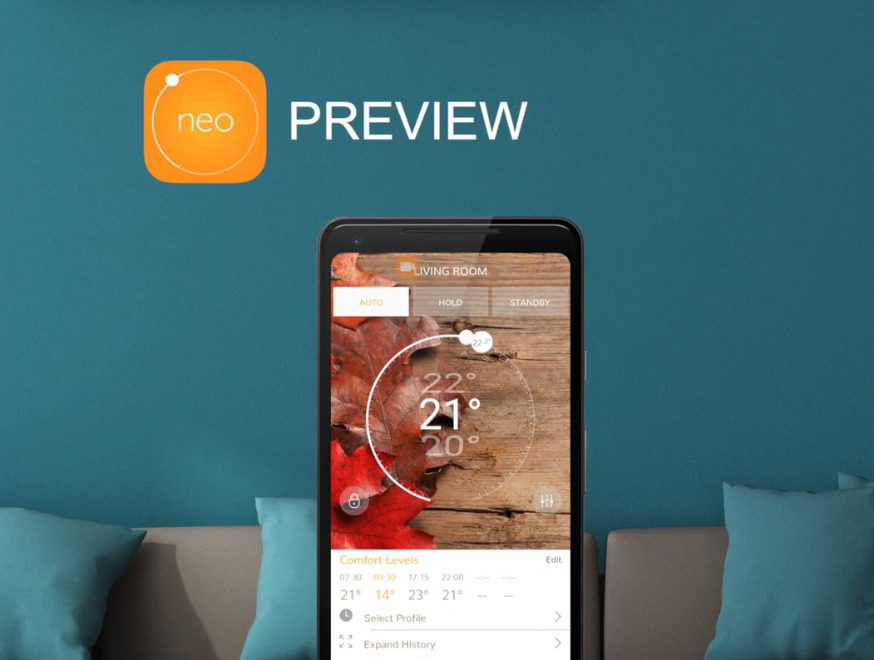 Air To Water Heat Pump App Video Preview Image showing the Heatmiser neoApp temperature control screen on a smartphone.