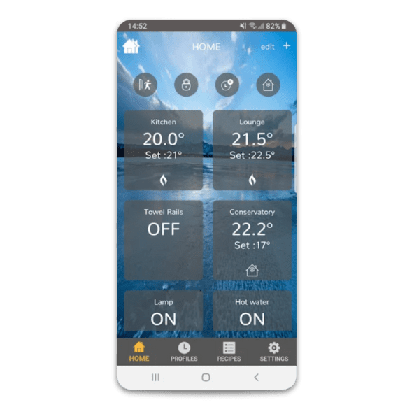 Air To Water Heat Pump App image of the Heatmiser neoApp homescreen, which shows various temperatures for various zones.