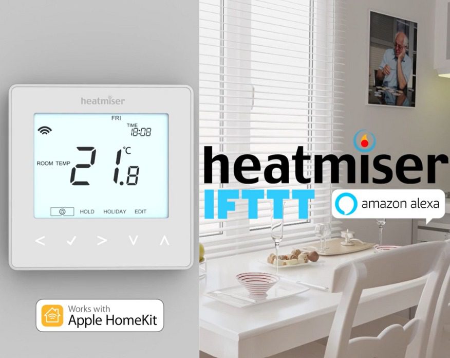 Air To Water Heat Pump Total Control Image showing a Heatmiser neoStat v2 and a dining room, with text noting that it works with Apple and Alexa voice control systems.
