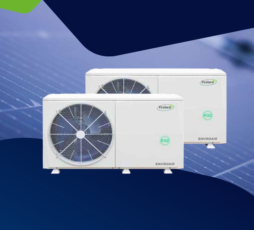 Firebird Air To Water Heat Pump Image showing 2 units on an Ohk energy branded background.