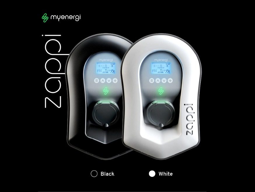 zappi EV Charger Product Colours Image showing one black and one white untethered zappi EV Chargers