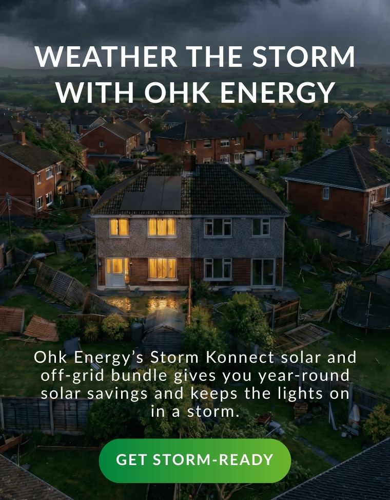 Homes in Ireland during a power outage caused by a storm, but one house has its lights on due to Ohk energy's Storm Konnect.