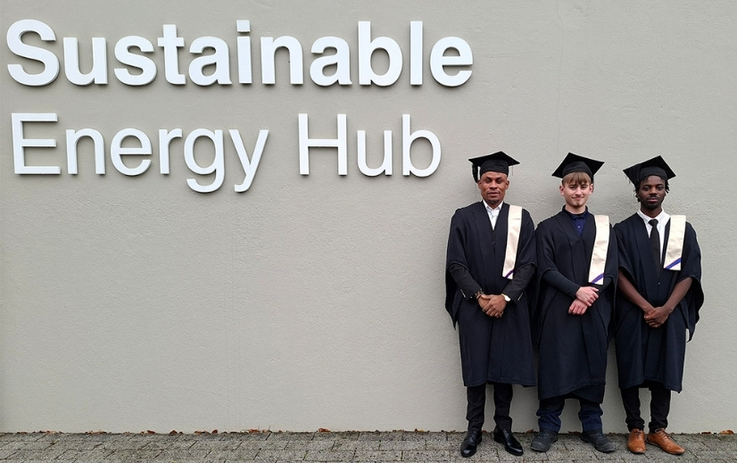 3 Renewable Construction Technologies Traineeship graduates pictured outside of the Sustainable Energy Hub.