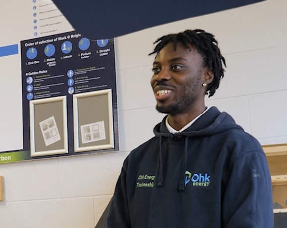 Renewable Construction Technologies Traineeship Review video preview image showing a recent graduate in a classroom.