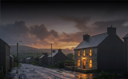 Ohk energy's Storm Konnect image showing houses in rural Ireland after a storm which caused power outages and damage. One house still has lights on due to Ohk energy's Storm Konnect home backup power solution.