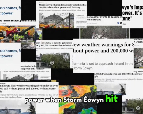 Storm Konnect Video Preview image showing newspaper clippings about power outages in Ireland due to a storm.