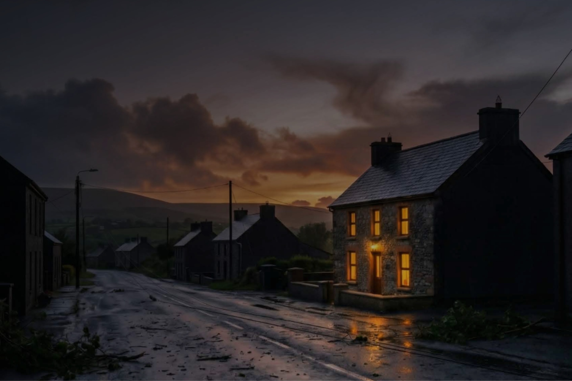 Ohk energy's Storm Konnect image showing houses in rural Ireland after a storm which caused power outages and damage. One house still has lights on due to Ohk energy's Storm Konnect home backup power solution.