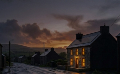 Ohk energy's Storm Konnect image showing houses in rural Ireland after a storm which caused power outages and damage. One house still has lights on due to Ohk energy's Storm Konnect home backup power solution.