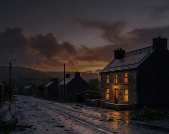 Ohk energy's Storm Konnect image showing houses in rural Ireland after a storm which caused power outages and damage. One house still has lights on due to Ohk energy's Storm Konnect home backup power solution.