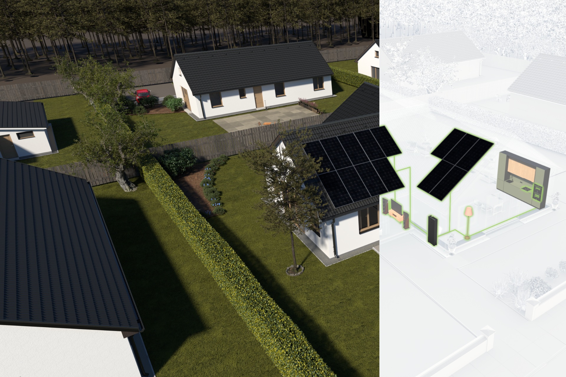 AiO Konnect image (rendered) showing solar panels on a roof, AiO Konnect outside and appliances being powered.