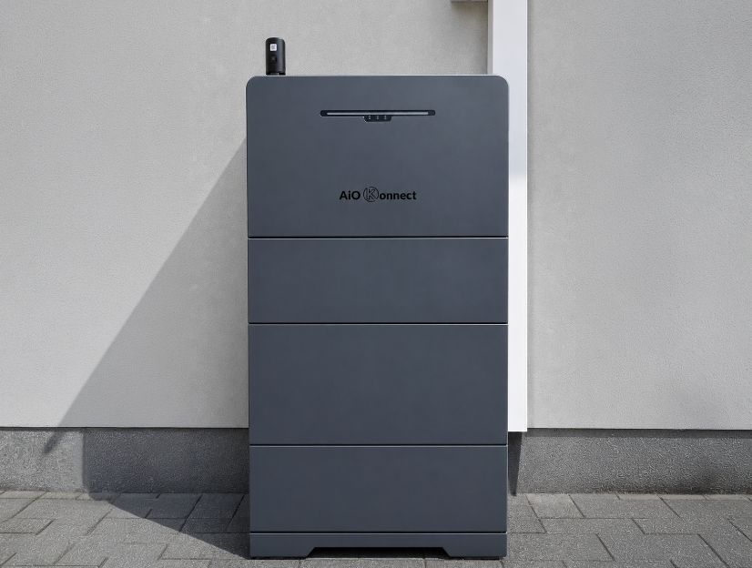 AiO Konnect Scalable Battery Storage Image showing an AiO Konnect unit with integrated stacked batteries.