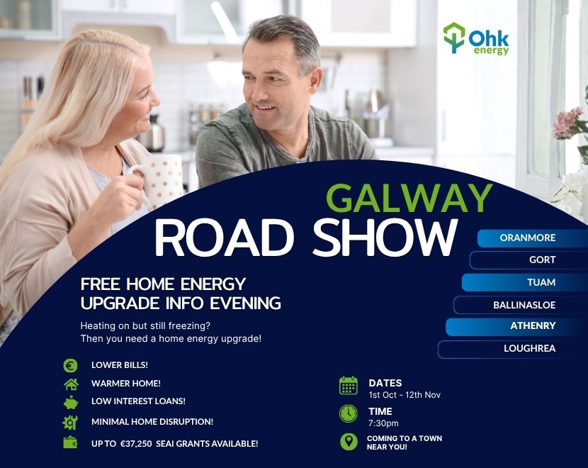 Home Energy Upgrade Information Roadshow showing a couple sitting at their kitchen table along with Ohk energy branding